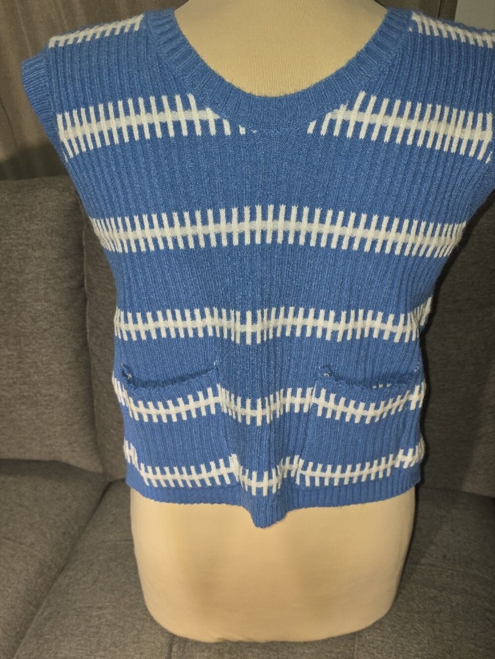 Blue & White Tie-Back Knit Vest Pockets In Front